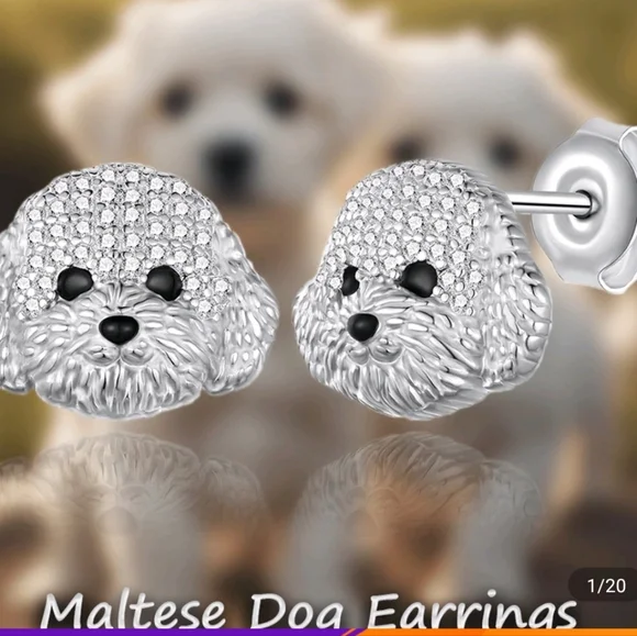 Creative Personalized Shining Rhinestone Cute Maltese Pet Dog Stud Earrings For - Picture 1 of 2